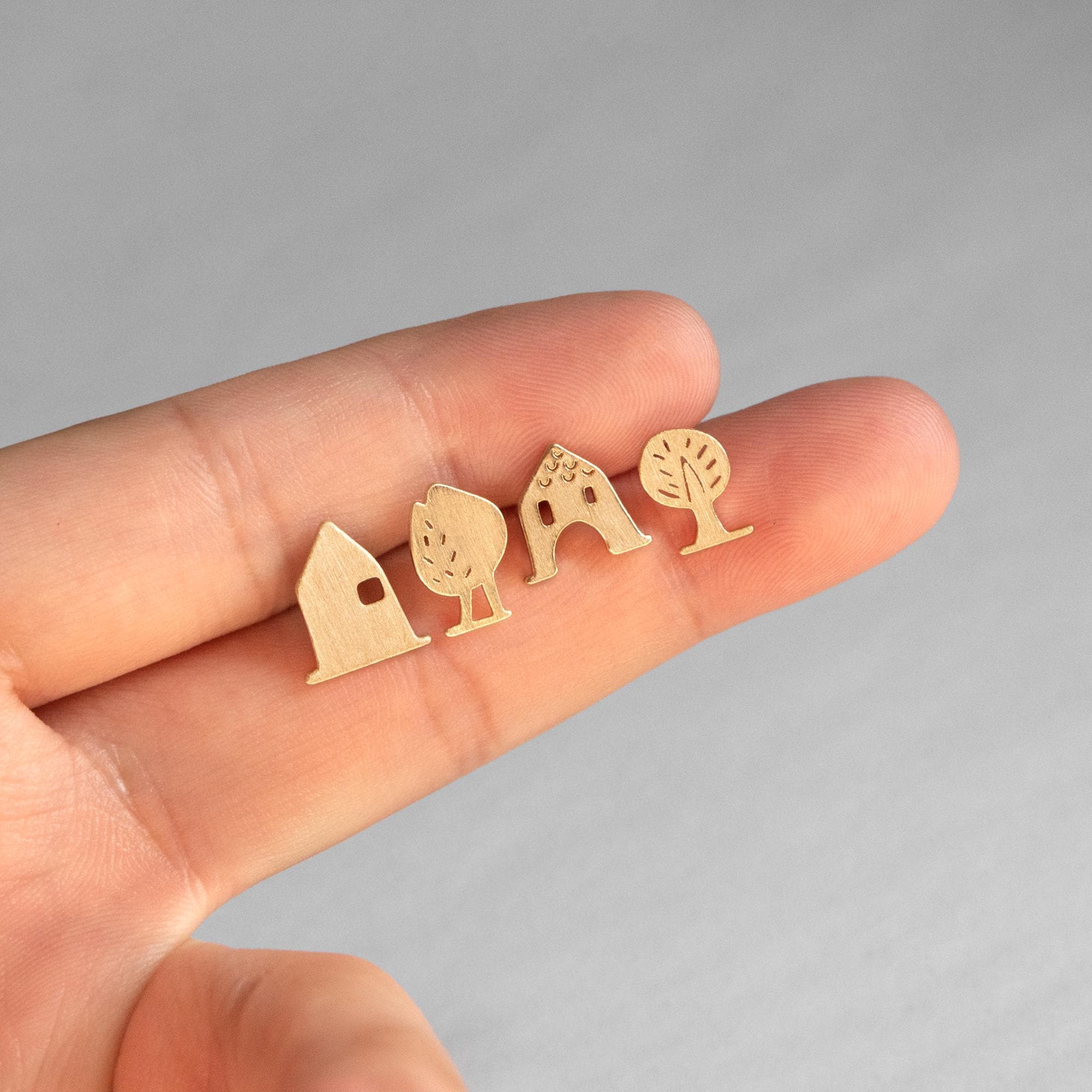 Gold House Tree Stud Earrings Set of 4, Brushed Matte Minimalist Earrings, Cute Tiny Earrings, Gift for Her (GB-4549)